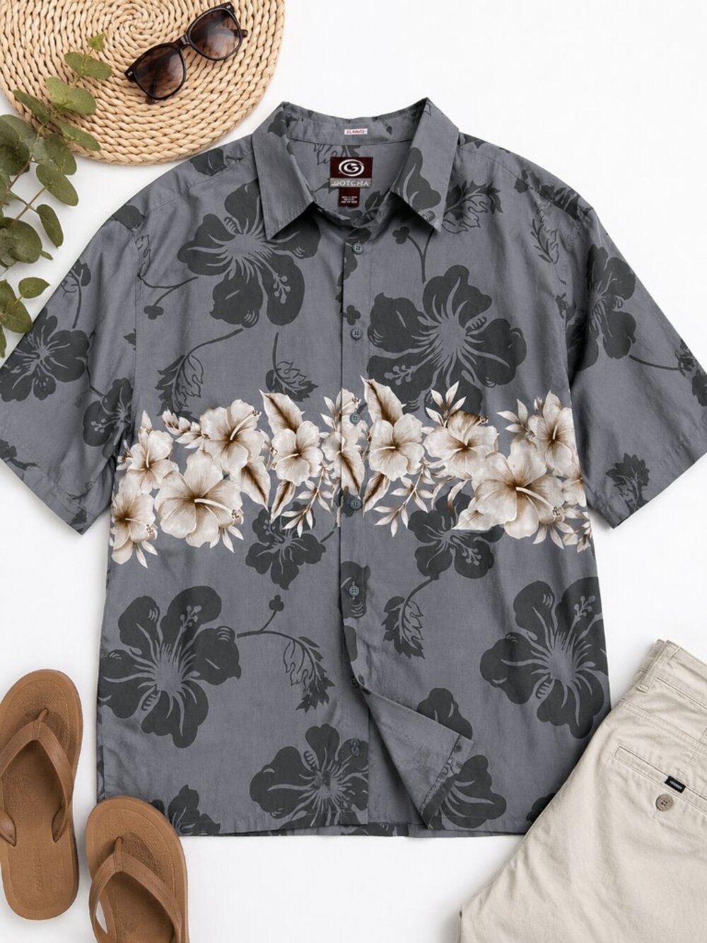 Gotcha XL Gray Hawaiian Floral Button Front Camp Shirt Tropical 100% cotton